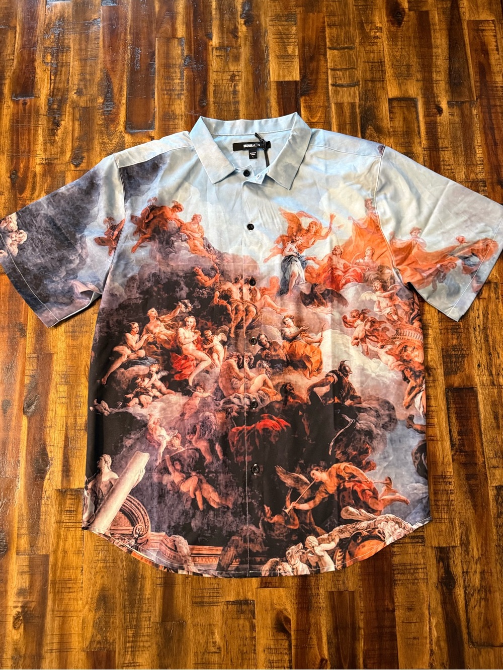 🌵Nova Men NWT Renaissance short sleeve button up multicolor woven top. L Blue